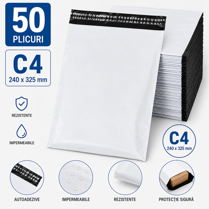 Set 50 plicuri expediere curierat C4, 240x325 mm, ambalaj rezistent documente si produse
