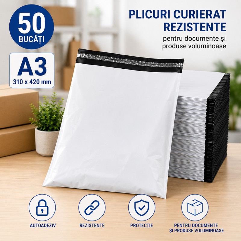 Plicuri curierat A3 310x420 mm, set 50, rezistente, pentru documente si produse voluminoase