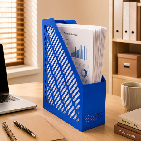 Suport documente vertical A4 albastru, organizator birou din plastic rezistent, 80 x 250 x 300 mm