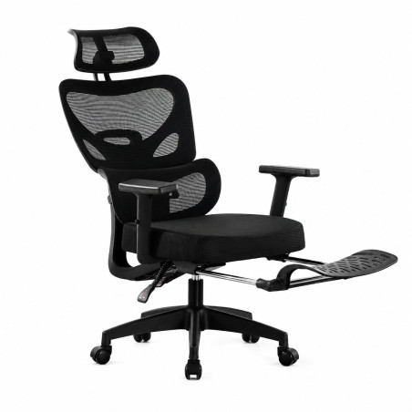 Scaun ergonomic de birou cu suport picioare retractabil, tetiera si suport lombar reglabile, mesh, negru