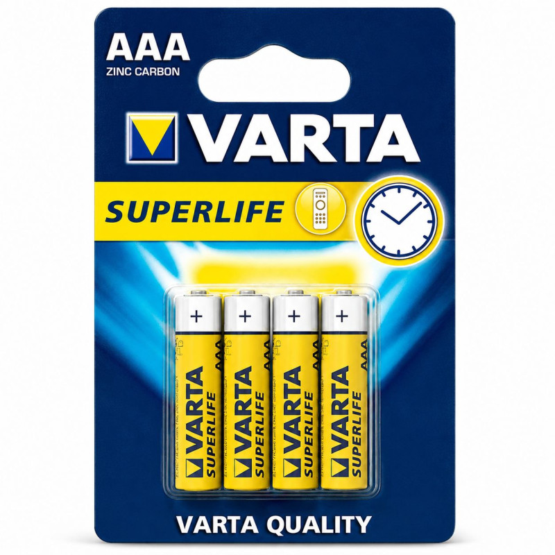 Baterii AAA Varta Superlife 1.5V, zinc-carbon, pentru echipamente de birou si dispozitive electronice, set 4 bucati