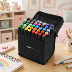 Set 40 markere multicolore cu 2 capete pentru scriere, geanta depozitare inclusa