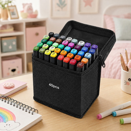 Set 40 markere multicolore cu 2 capete pentru scriere, geanta depozitare inclusa