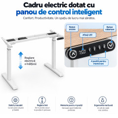 Cadru de birou electric dublu motorizat, inaltime reglabila 64-129 cm, memorare 4 pozitii, lungime 102 - 145 cm
