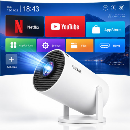 Videoproiector portabil Smart, Android 11, 160 lumeni ANSI, HD 720P, suport 4K, WiFi 6, Bluetooth 5.0, rotire 180°, Home Cinema