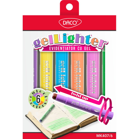 Marker evidentiator cu gel, Gellighter, set 6 culori, DACO