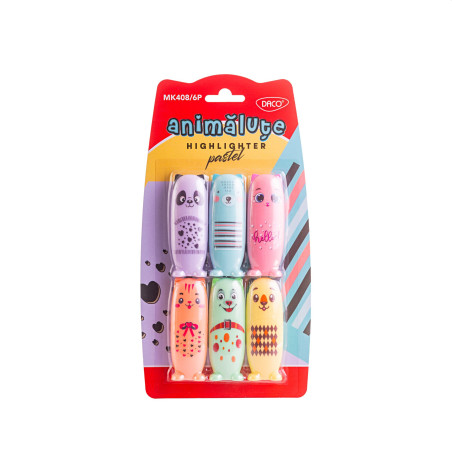 Marker evidentiator, mini, pastel, Animalute, set 6 culori, DACO