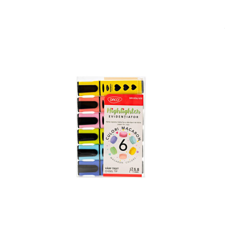 Marker evidentiator, cu lichid, Macaron, varf tesit, set 6 culori, DACO