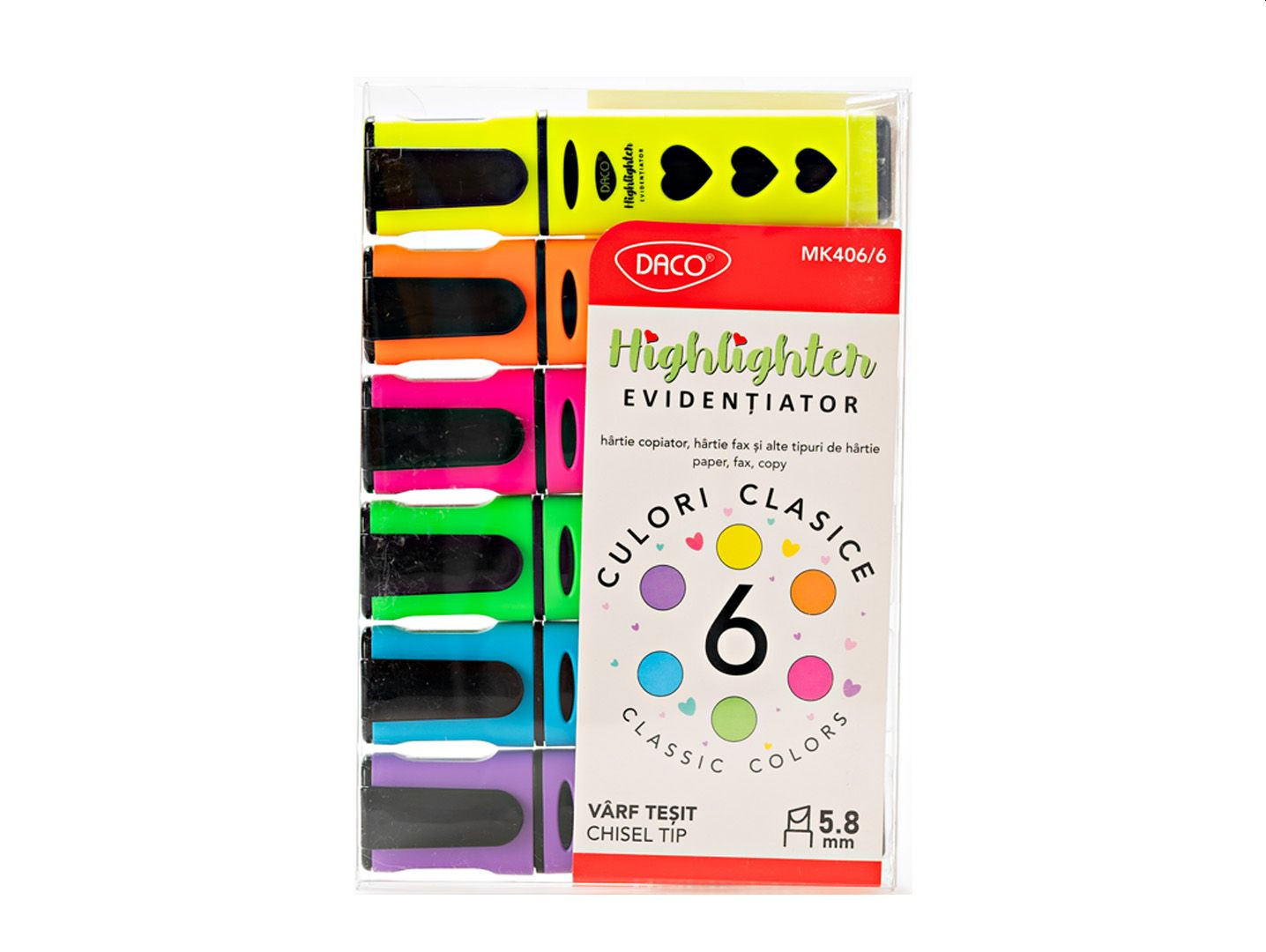 Marker evidentiator, cu varf tesit 5.8 mm, set 6 culori neon, DACO