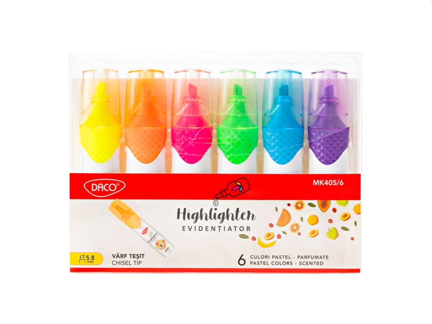 Marker evidentiator, parfumat, varf 5.8 mm, set 6 culori, DACO