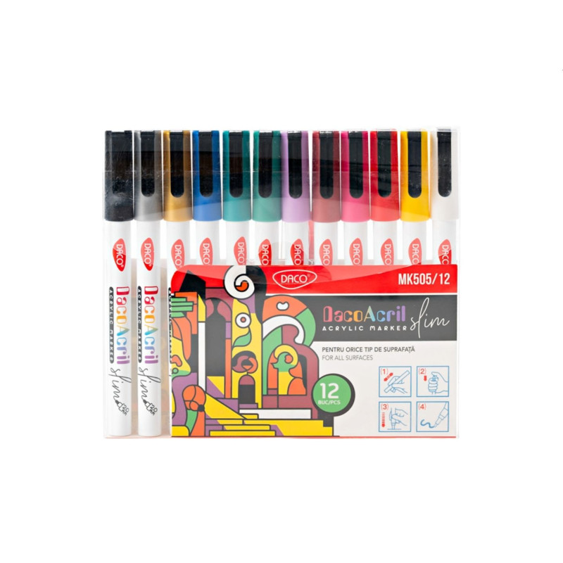 Markere acrilice Slim, 12 culori, varf fin 1.2 mm, pentru piatra, lemn, sticla, ceramica, plastic, pictura si DIY