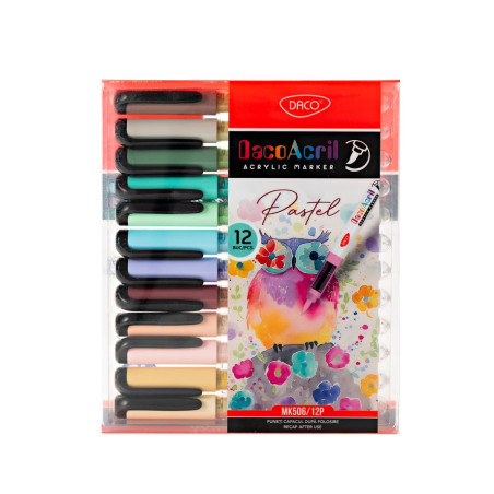 Marker acrilic, varf pensula, culori pastel, set 12 bucati, DACO