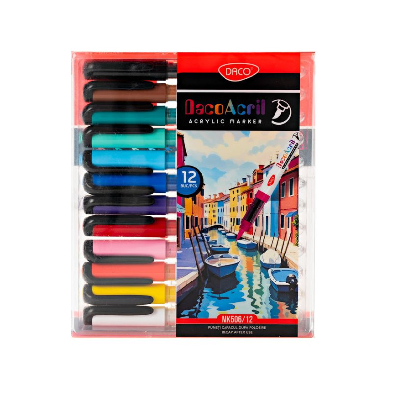 Marker acrilic, varf pensula, set 12 culori, DACO