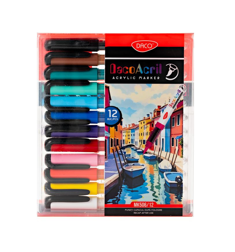 Marker acrilic, varf pensula, set 12 culori, DACO
