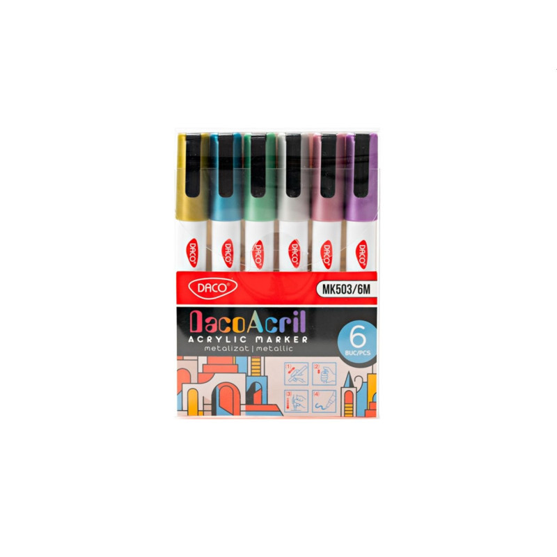 Marker acrilic, metalizat, set 6 culori, DACO