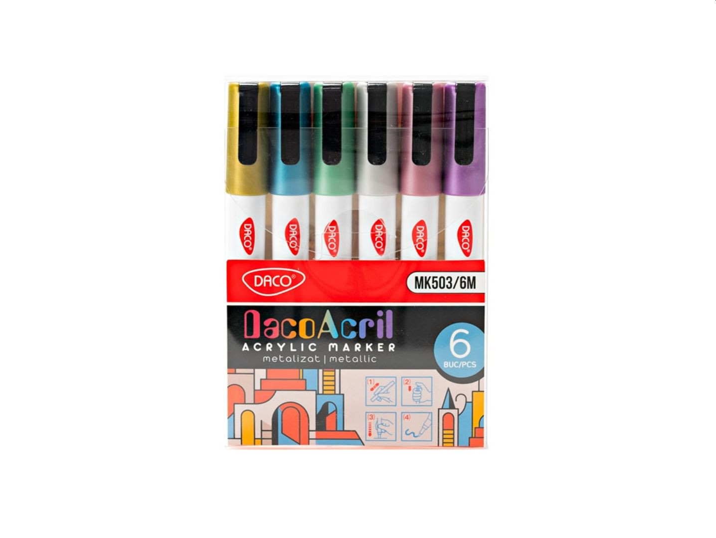 Marker acrilic, metalizat, set 6 culori, DACO