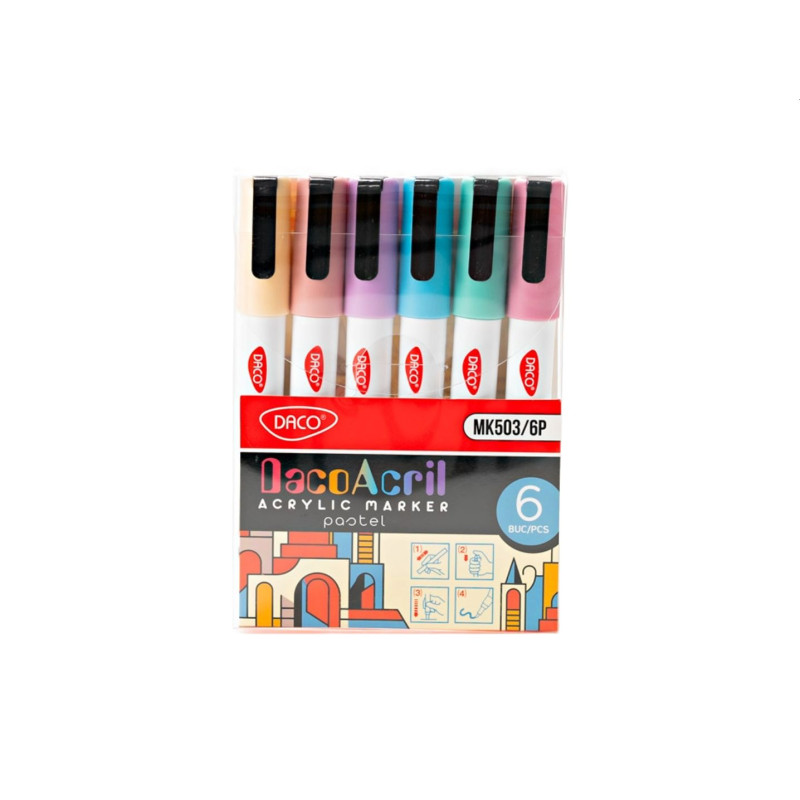 Marker acrilic, pastel, set 6 culori, DACO