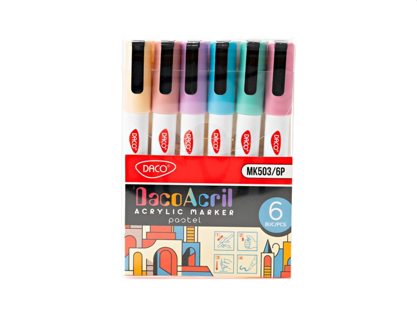 Marker acrilic, pastel, set 6 culori, DACO
