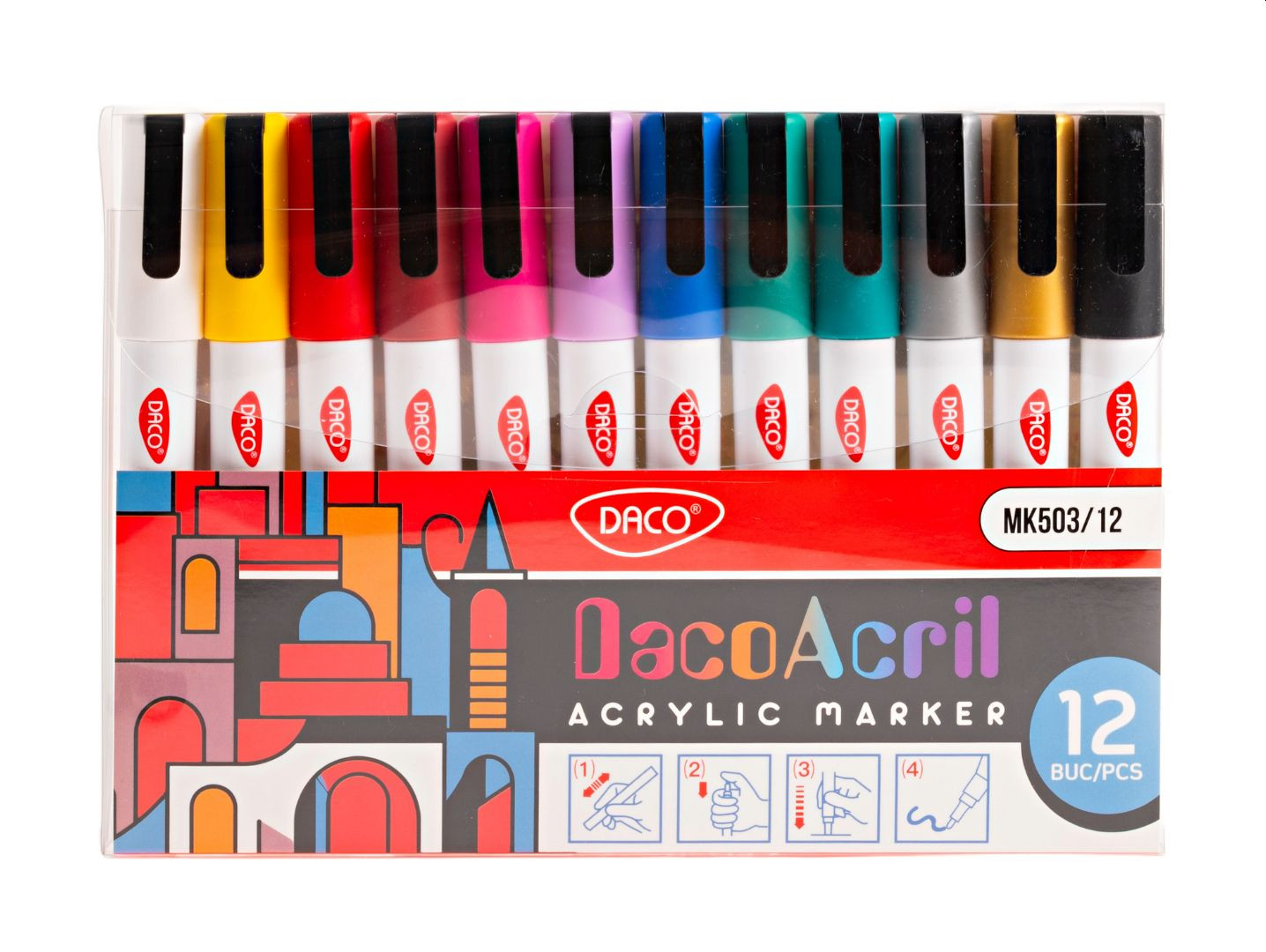 Marker acrilic, rezistent la apa, varf 2 mm, set 12 culori, DACO
