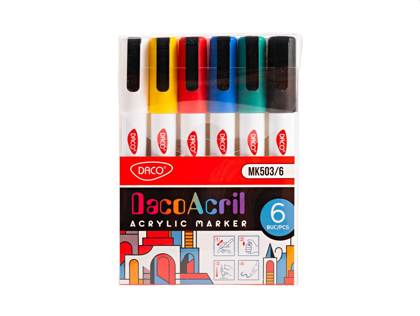 Markere acrilice pentru orice suprafata, set 6 culori, DACO