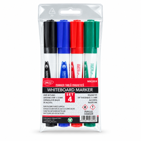 Marker pentru tabla magnetica, varf 3 mm, set 4 culori, DACO