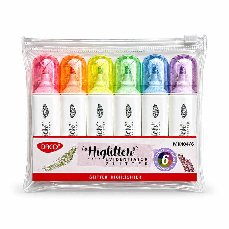 Marker evidentiator, glitter, set 6 bucati, DACO