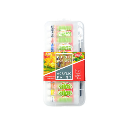Culori acrilice pentru pictura, pensula inclusa, set 12 culori x 12 ml, DACO