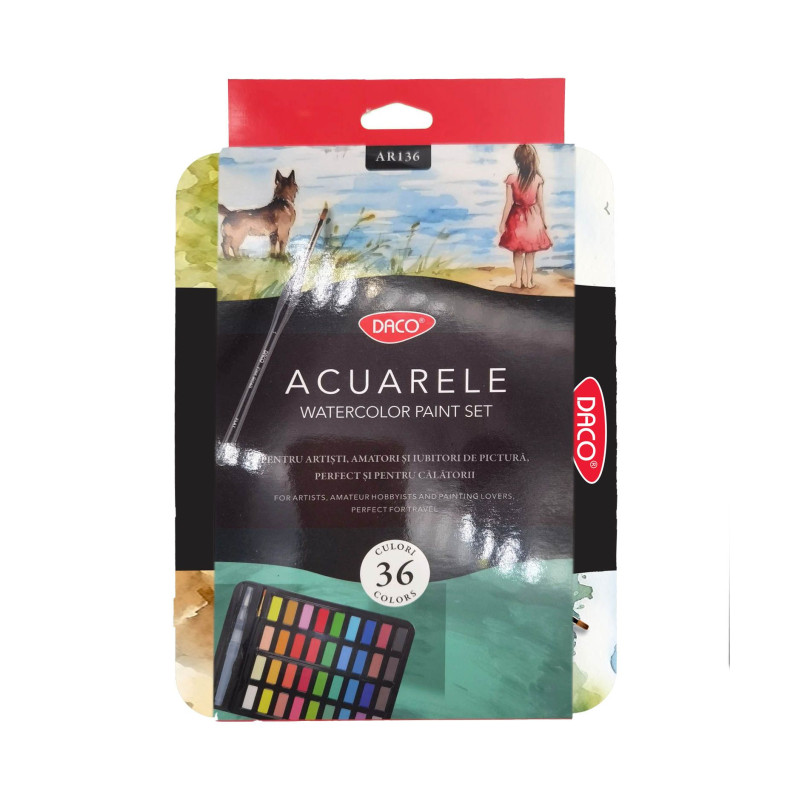 Acuarele pentru pictura, cutie metalica, set 36 culori cu pensula, DACO