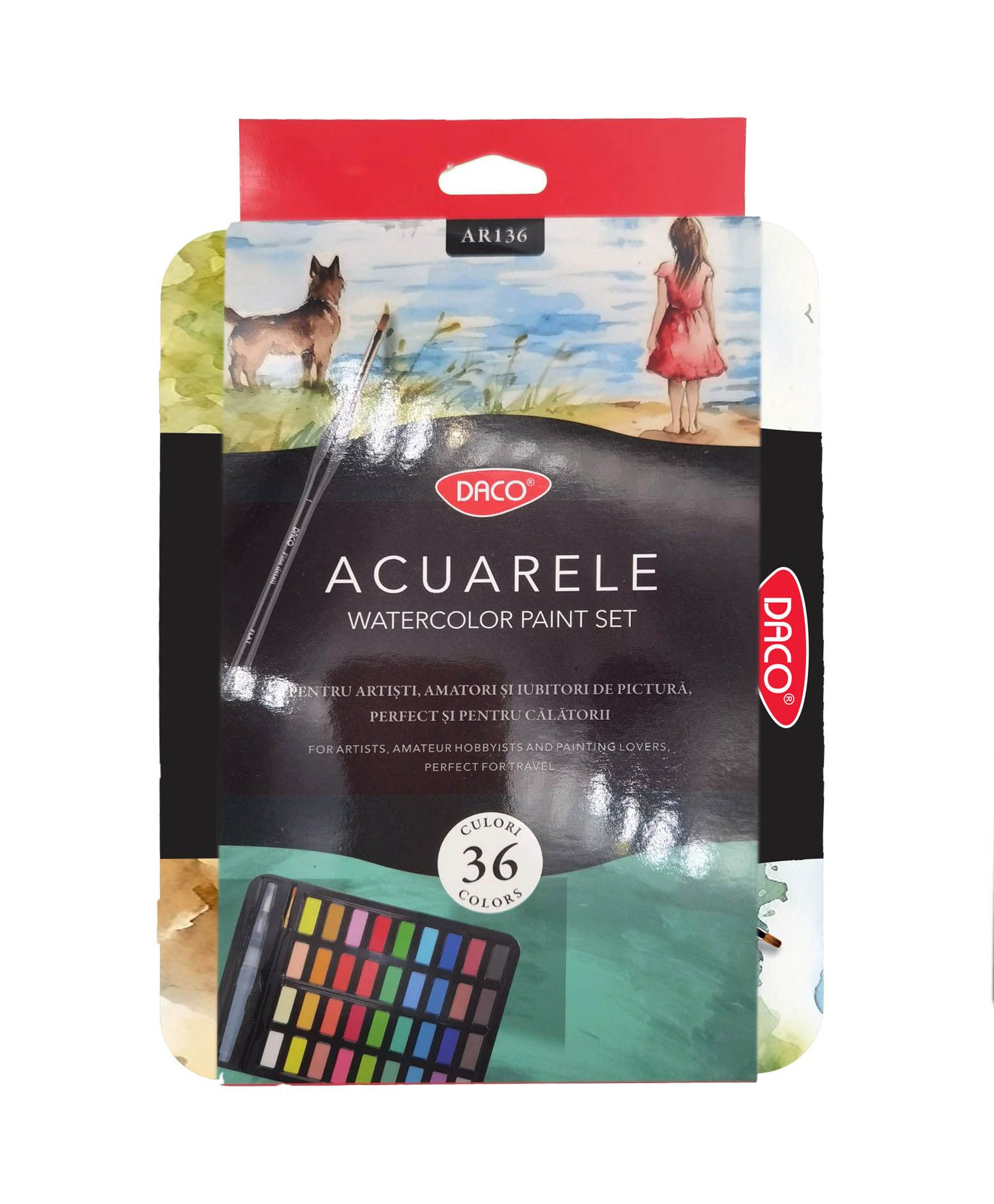 Acuarele pentru pictura, cutie metalica, set 36 culori cu pensula, DACO