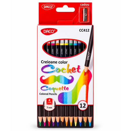 Creioane colorate Cochet in 12 culori, cu ascutitoare, DACO