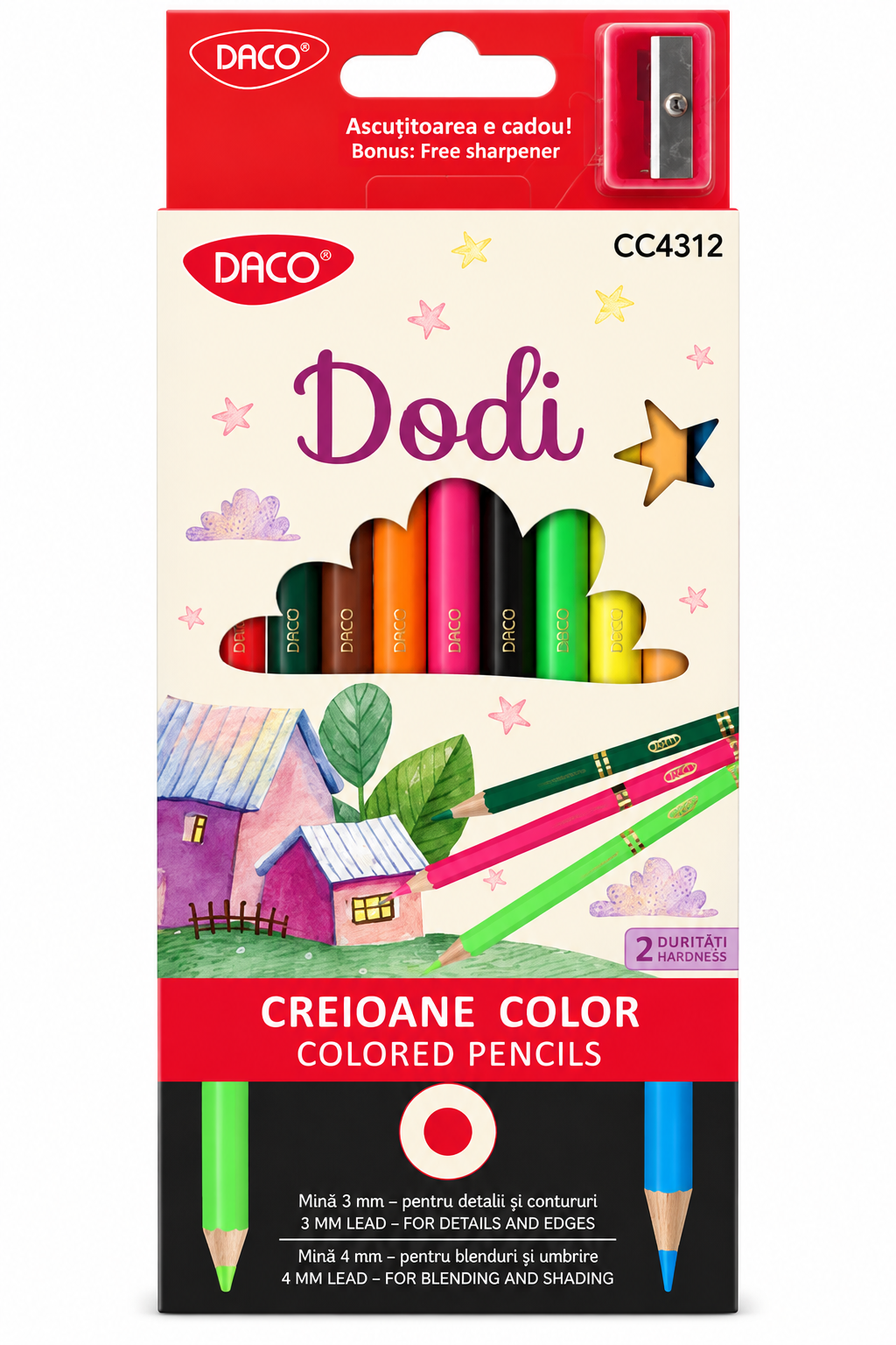 Creioane colorate Dodi in 12 culori pentru contururi si umbre, DACO