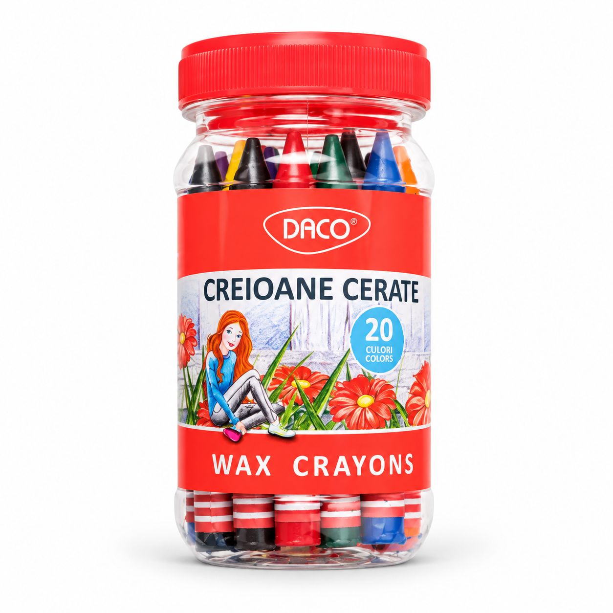 Creioane cerate pentru colorat, borcan cu 20 bucati, DACO