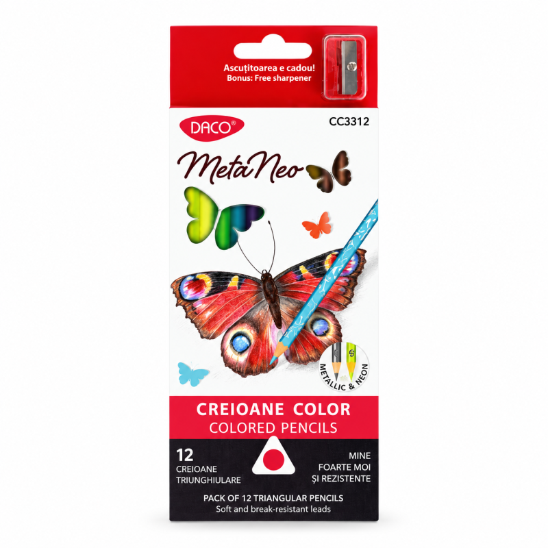 Creioane colorate Meta Neo in 12 culori neon si metalice, DACO