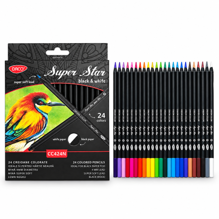 Creioane colorate Black&White in 24 culori pentru hartie neagra, DACO