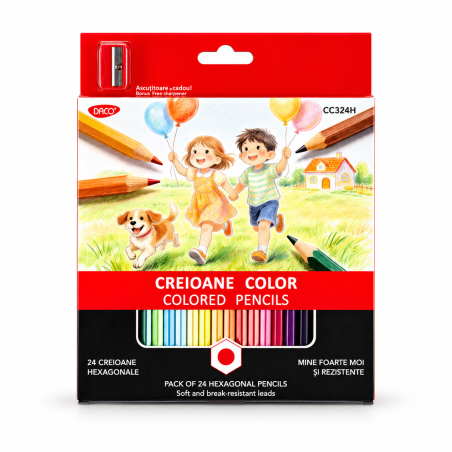 Creioane colorate in 24 culori, cu ascutitoare, DACO