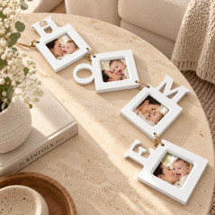 Rama foto perete, mesaj HOME, 4 fotografii 7x7 cm, lemn
