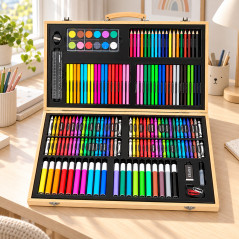 Trusa pentru pictura si desen, 180 accesorii, portabila, cutie depozitare lemn