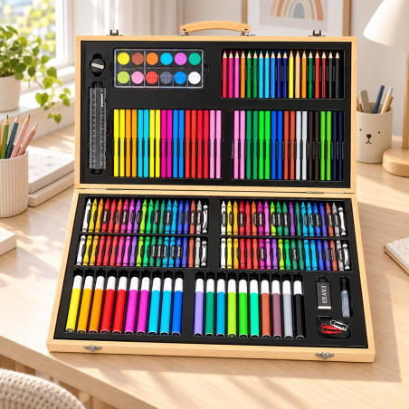 Trusa pentru pictura si desen, 180 accesorii, portabila, cutie depozitare lemn
