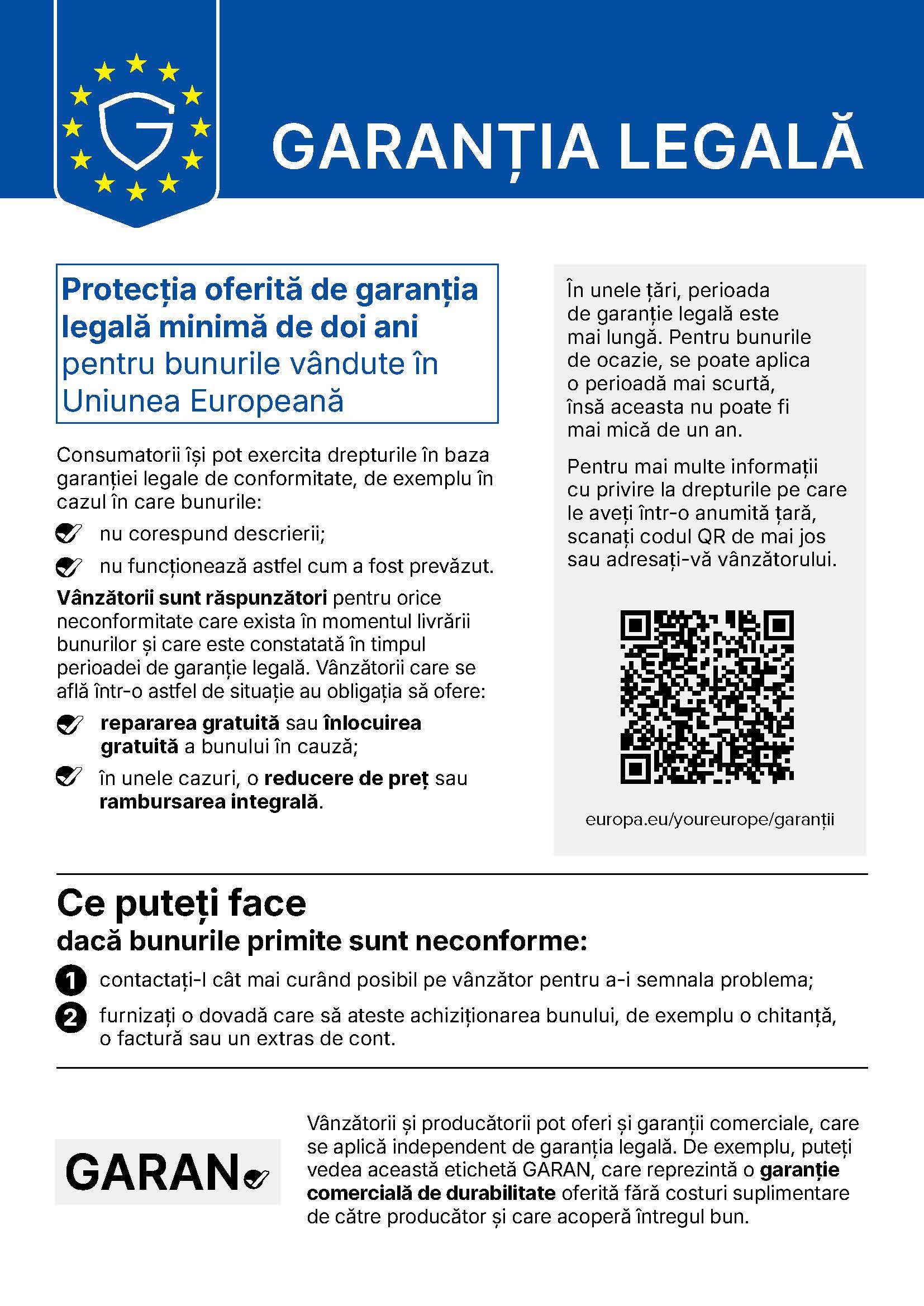 Informare privind garanția legală de conformitate
